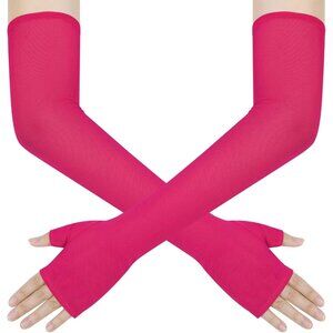 Women's Long Hot Pink Tulle Satin Gloves Elbow Length Wedding Party Costume
